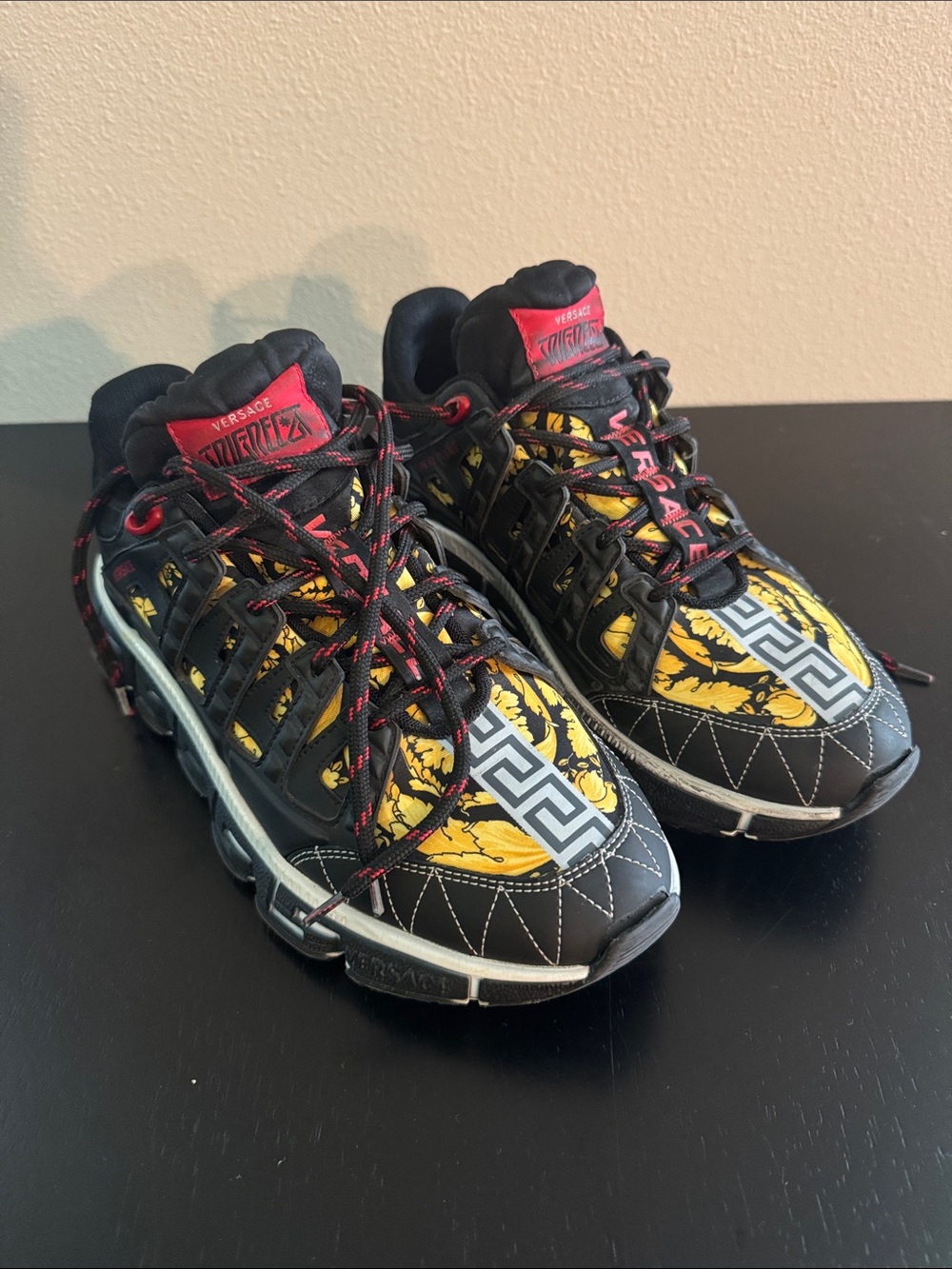Versace Black, Yellow & Red Baroque Lace-Up Sneakers